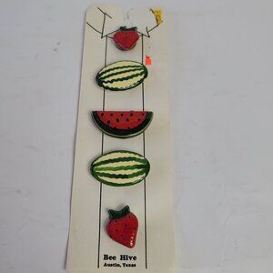 Five Vintage Ceramic Button Covers Fruit Watermellon & Strawberry Bee Hive Texas